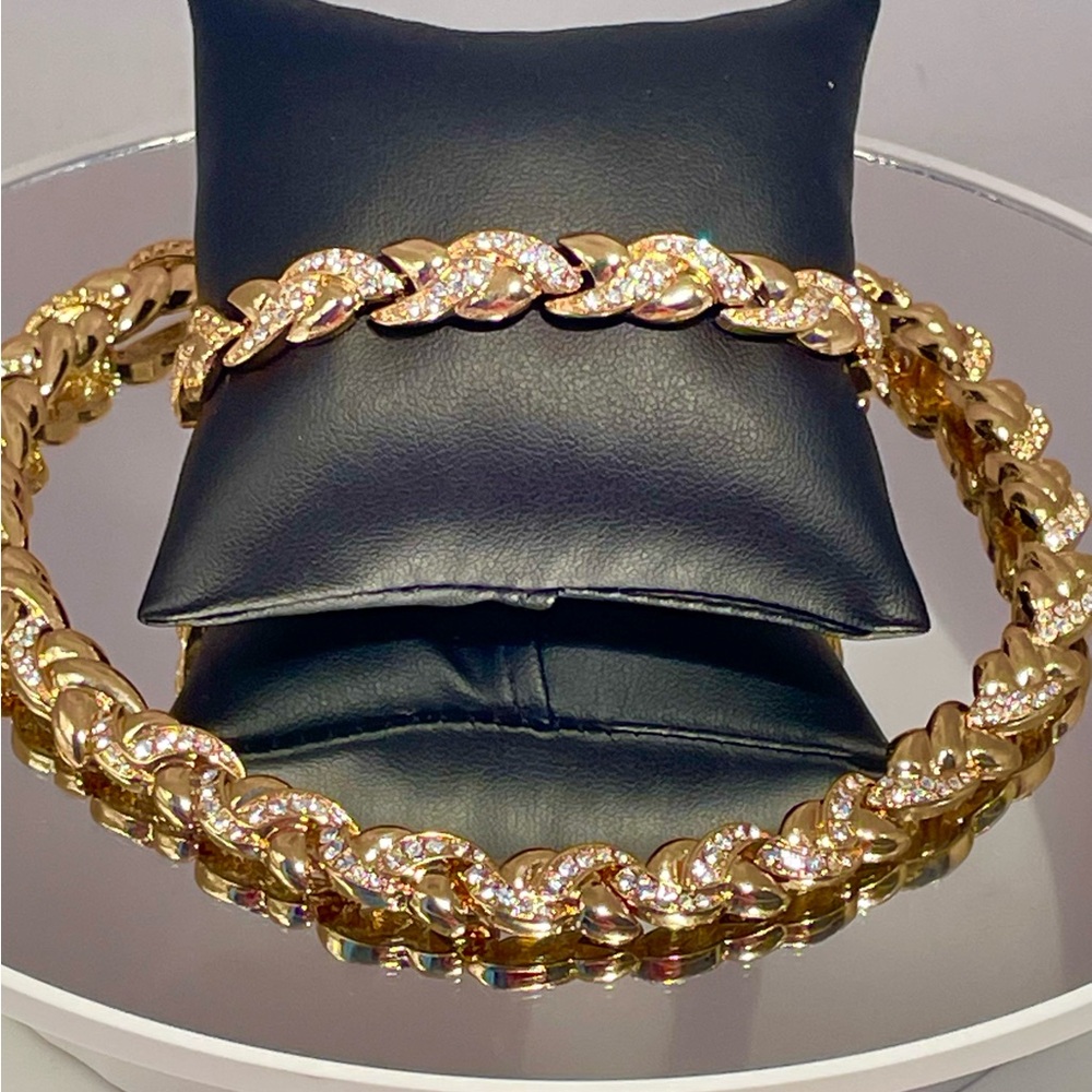 Jackie Kennedy Gold & Pave Crystal Necklace & Bracelet 2 Piece Set Signed JBK